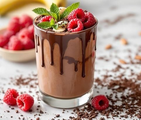 Chocolate smoothie with syrup and toppings