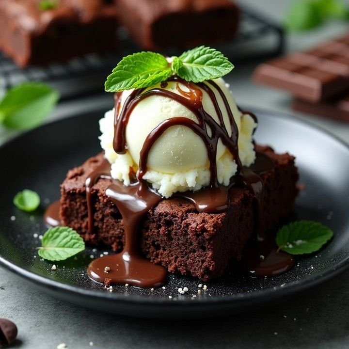 Ice cream with chocolate syrup drizzle and brownie