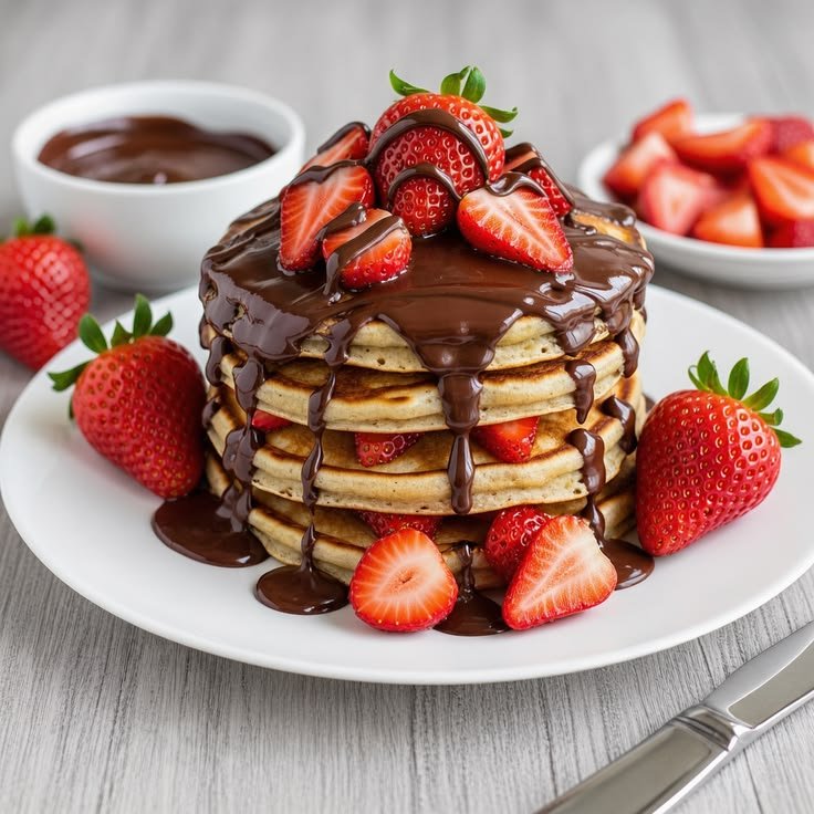 Stack of pancakes with chocolate spread, strawberries and blueberries