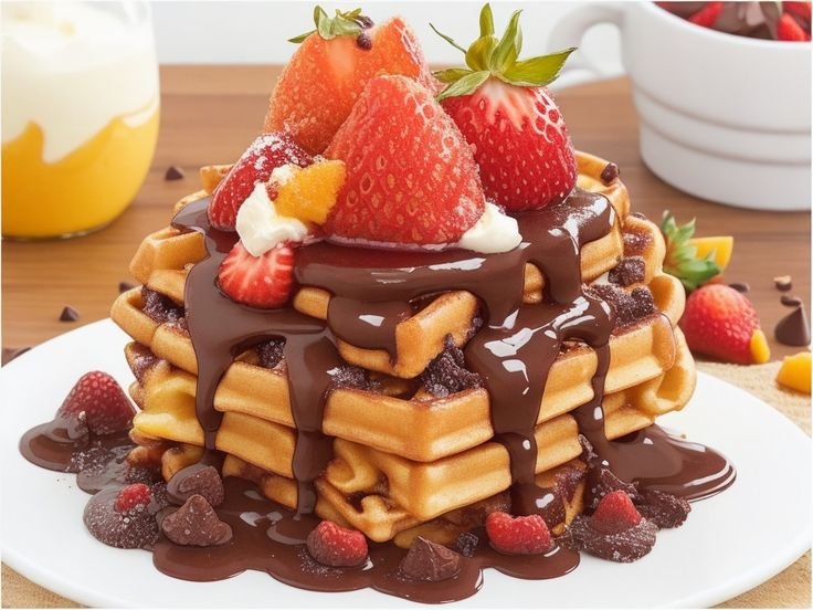 Pancakes and waffles topped with syrup and berries