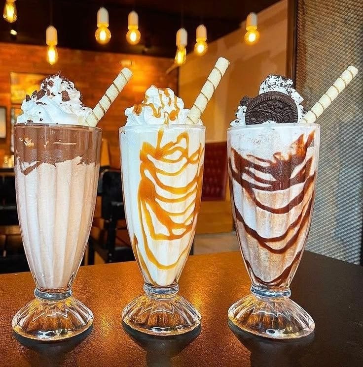 Chocolate milkshake topped with whipped cream and syrup