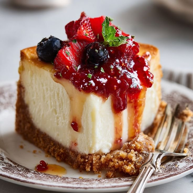 Cheesecake topped with glossy fruit jam